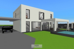 Außenansicht_Süden mit geplantem Pool und Überdachung zur Garage hin