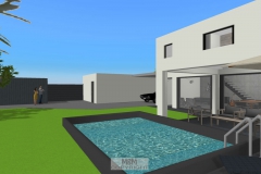 Außenansicht_Süden_mit geplantem Pool und Garage im Hintergrund