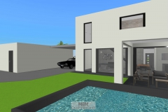 Außenansicht_Süden_mit geplantem Pool und Garage im Hintergrund