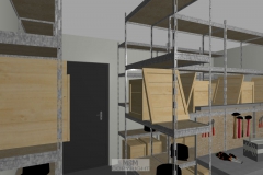 Garage mit Blick zur hinteren Tür und Lagerbereich