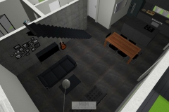Luftbildansicht Wohnzimmer mit Esszimmertisch und Küche